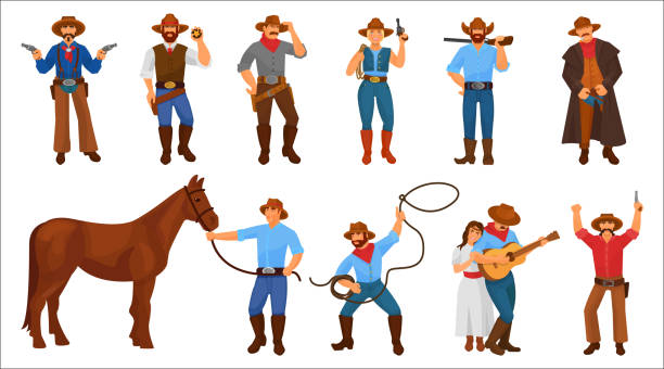 bildbanksillustrationer, clip art samt tecknat material och ikoner med uppsättning tecken cowboy sheriff män och kvinna från västra. - cowboy horse
