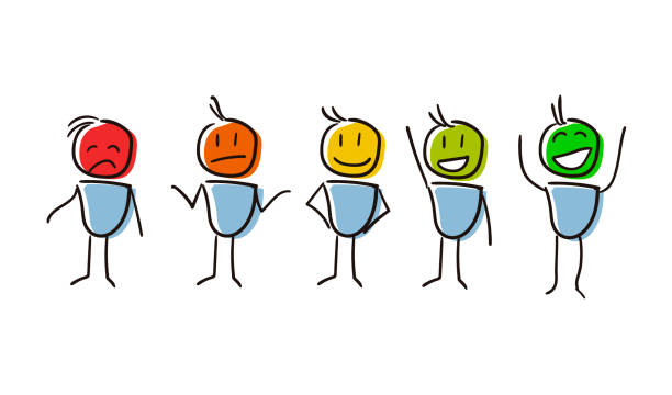 Set of characters conceptualizing Survey Assessment Analysis Feedback Appraisal with different feelings and colors. Vector file eps10 emotional series stock illustrations