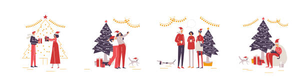 stockillustraties, clipart, cartoons en iconen met set tekens groepen. kerst home party. vector illustratie geïsoleerd - vrouw kerstboom versieren