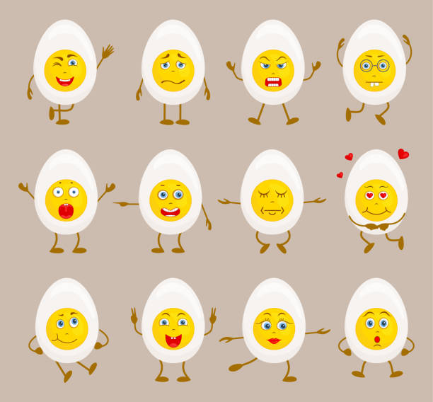 Set of characters in the form of half an egg. Vector illustration for easter. Egg character. Set of cute cartoon characters. Halved boiled eggs with faces, arms and legs. Easter holiday vector illustration. Hero in various pose and emotions. half happy half sad stock illustrations