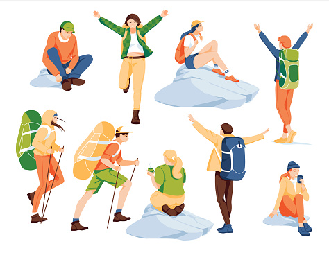 Set of characters of backpackers on a white background. Hiking and walking moutains. Flat vector illustration