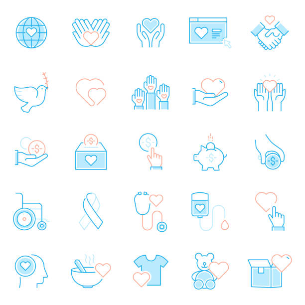 zestaw ikon charytatywnych i związanych z darowiznami. proste ikony symboli konturu. - giving tuesday stock illustrations