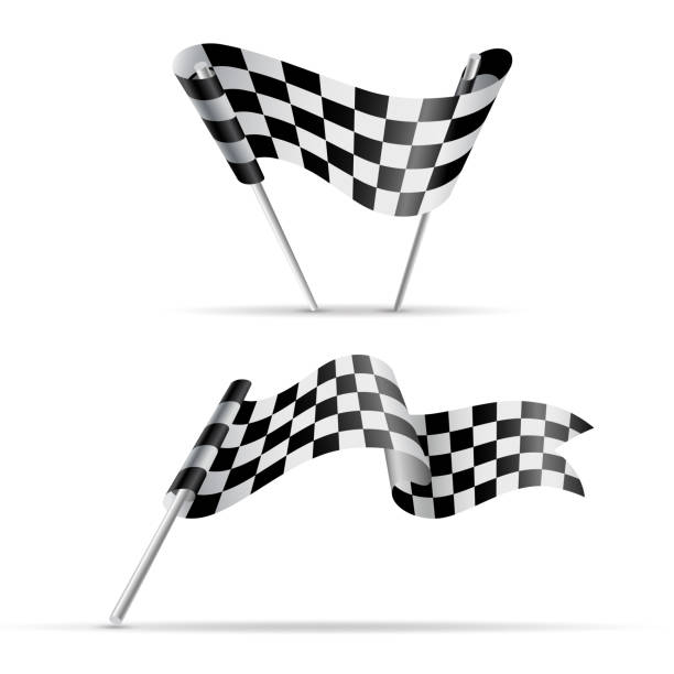 Set of checkered flags. Black and white sport banner Set of two checkered flags or ribbon for racing design. Black and white sport banner. JPG include isolated path chess borders stock illustrations