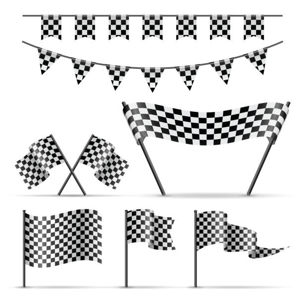 Set of checkered sport flags Set of sport checkered flags and banner on white background. Balck and white color race flag stock illustrations