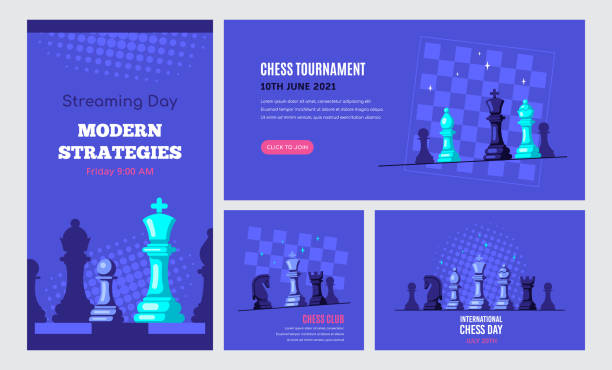stockillustraties, clipart, cartoons en iconen met reeks sjablonen van de banner van het schaakspel, voorraadvector - schaken
