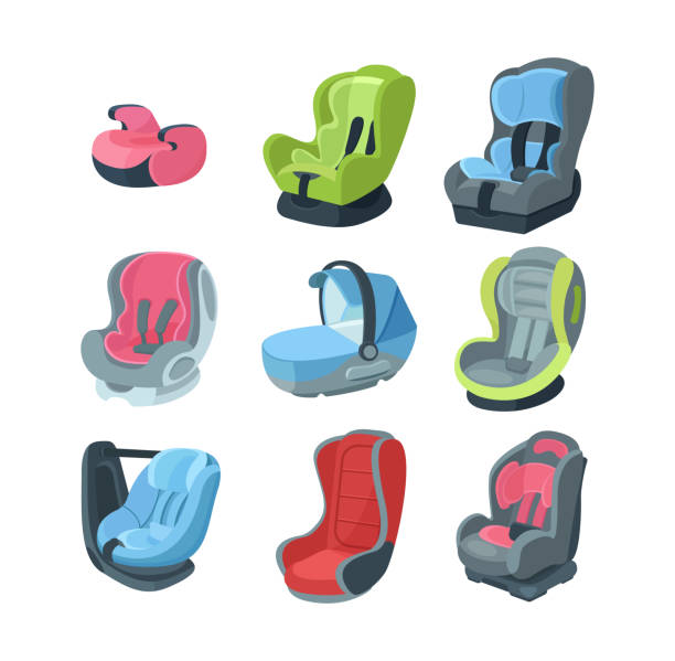 Set of child car seats, from newborns to adolescents. Set of child car seats for various age groups 0,1,2,3 child, infant, newborn baby. Armchairs for safe movement in vehicles, car type of child restraint, seat, support cushion, booster. Vector cartoon illustration. car safety seat stock illustrations
