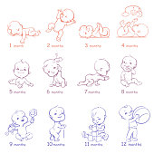 Presentation of baby growth from newborn to toddler with text. First year. Cute boy or girl of 0-12 months. Vector color illustration. Design template.