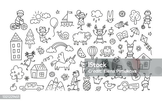 istock A set of children drawings. Kid doodle. Sun in the clouds, summer flowers, painted houses, cute cat and other black and white elements. Vector illustration 1321221451