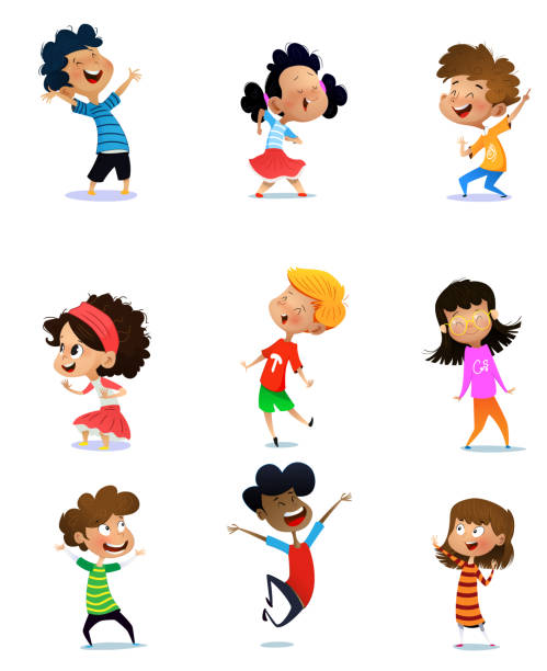 Set of children laughing jump. vector art illustration