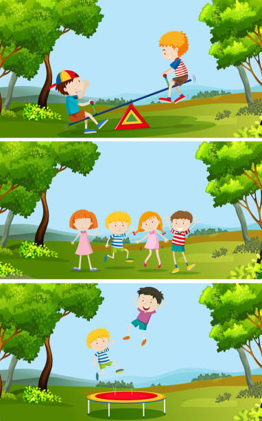 A set of children playing at the park A set of children playing at the park illustration clip art of kid jumping on trampoline stock illustrations