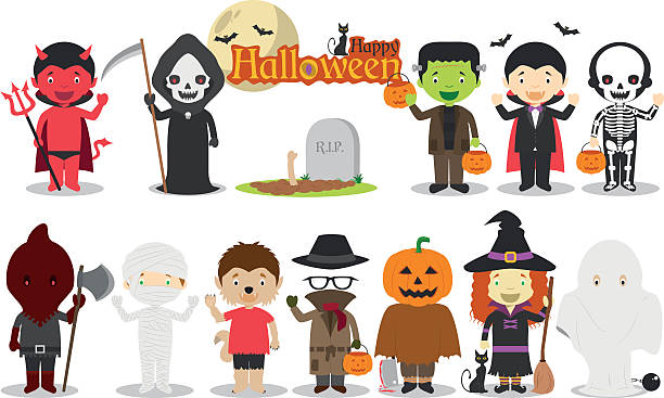 Set of Children´s Halloween characters vector illustration Set of Children´s Halloween characters, including Dracula, Frankenstein, devil, witch, skeleton, pumpkin, mummy and more. Vector illustration period costume stock illustrations