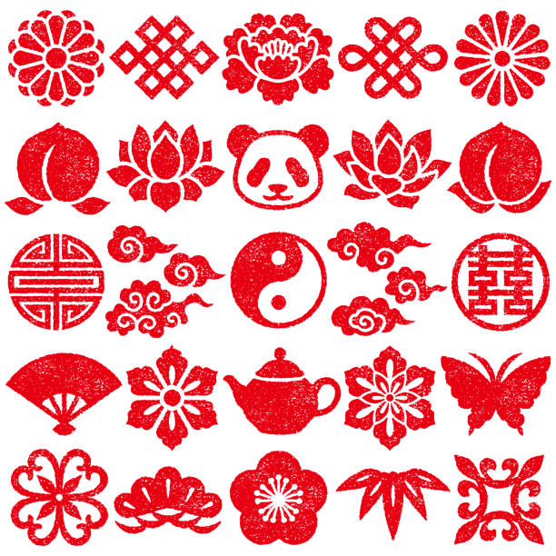 illustrations, cliparts, dessins animés et icônes de ensemble d’icônes décoratifs chinois. - panda