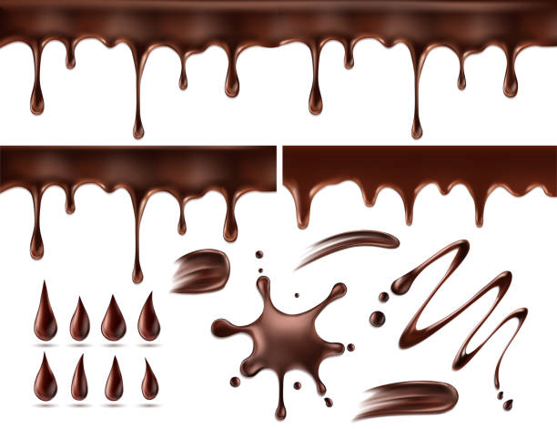 bildbanksillustrationer, clip art samt tecknat material och ikoner med uppsättning av choklad droppar och blots. isolerad på vitt. vektor illustration - choklad