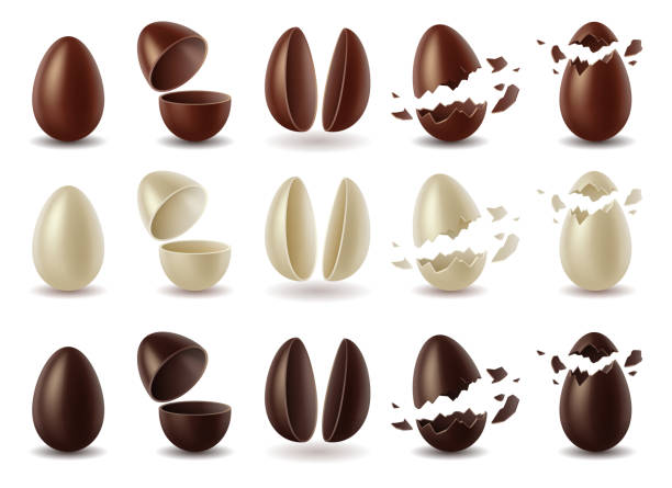 Set of chocolate eggs of milk, dark and white chocolate, whole, broken and halves of easter eggs Set of chocolate eggs of milk, dark and white chocolate, whole, broken, cracked and halves of easter eggs isolated on white background. 3d realistic vector illustration egg stock illustrations