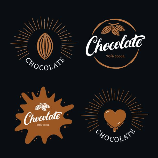 stockillustraties, clipart, cartoons en iconen met set van chocolade handgeschreven belettering label, badge of embleem met cacaobonen. - chocoladeletter