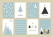 Set of Christmas and New Year's greeting card decorated with Christmas tree, Snowflakes, and Decorations.Cartoon style.Wallpaper, graphic. scribble cute simple design. Holiday. Vector illustration.