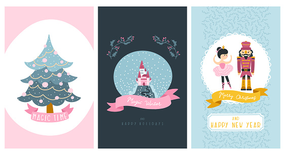 Set of Christmas cards. Fairy tale characters, Christmas tree, lettering castle. Cute vector character illustration in hand-drawn scandinavian style. The limited pastel palette is ideal for any print.