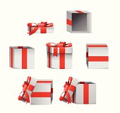 Complete set of gift box present icons in various states and positions. Some are open and some are closed.