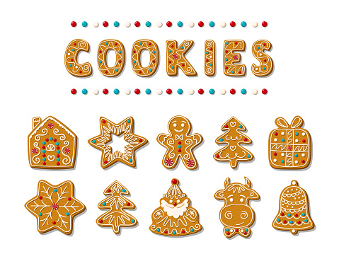 Set of christmas gingerbread cookies. Festive homemade sweets. Santa, gingerbread man, christmas tree, bull, bell, ctar, house. Vector illustration.