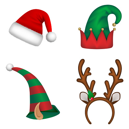 Set of christmas hats. Santa claus hat, elf hats and reindeer horns headband