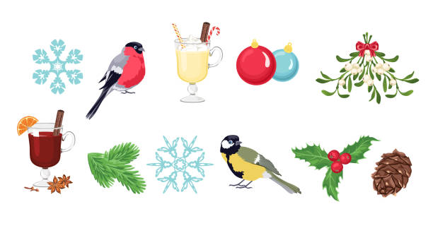 Set of Christmas illustrations. Vector bullfinch and tit bird, snowflakes, eggnog and mulled wine drinks, Christmas balls, mistletoe, fir branch and pine cone.Cartoon flat icons.  eggnog stock illustrations