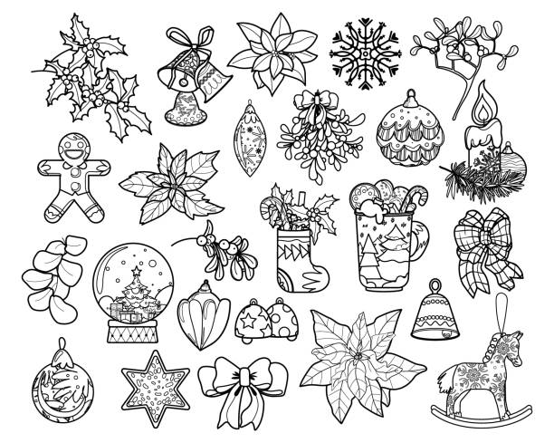 Set of christmas linear stickers. Elements in doodle style with outline for design, packaging, fabric, stickers, postcards, print, coloring book. Isolated on white background Set of christmas linear stickers. Elements in doodle style with outline for design, packaging, fabric, stickers, postcards, print, coloring book. gingerbread man coloring page stock illustrations