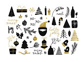 Set of christmas new year winter black icons with gold texture xmas tree, gifts, balls, snowflake, leaves, branch, berries, santa isolated on white. Vector illustration doodle hand drawn flat style