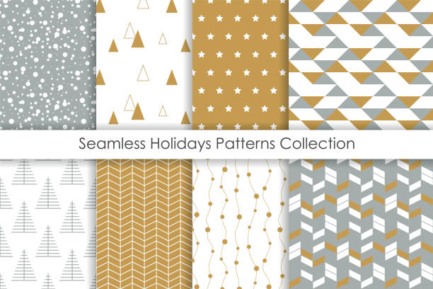 Set of Christmas seamless patterns. Collection of simple geometric backgrounds with golden, white and gray colors. Vector illustration. Set of Christmas seamless patterns. Collection of simple geometric backgrounds with golden, white and gray colors. Vector illustration. gift designs stock illustrations