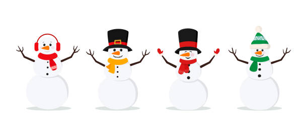 illustrations, cliparts, dessins animés et icônes de ensemble de bonhommes de neige de noël isolés sur le fond blanc. bonhommes de neige gais dans différents costumes et écharpe et chapeau. - bonhomme de neige