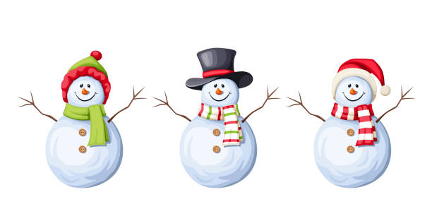 illustrations, cliparts, dessins animés et icônes de ensemble de bonhommes de neige de noël. illustration vectorielle. - bonhomme de neige
