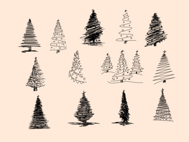 크리스마스 트리 손으로 그려진 세트입니다. 벡터 그림입니다. 손으로 그린 낙서 스케치 잉크. 벡터 일러스트 세트 - christmas tree stock illustrations