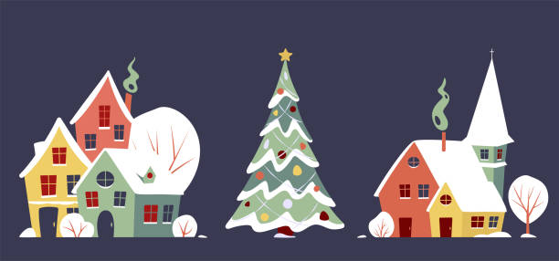 ilustraciones, imágenes clip art, dibujos animados e iconos de stock de conjunto de panorama de invierno de navidad. pequeño pueblo con árbol de navidad cubierto de nieve. - christmas lights house