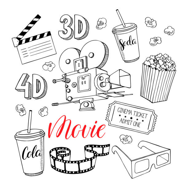 set of cinema attributes cute set of cinema attributes isolated on white background. hand-drawn illustration popcorn stock illustrations