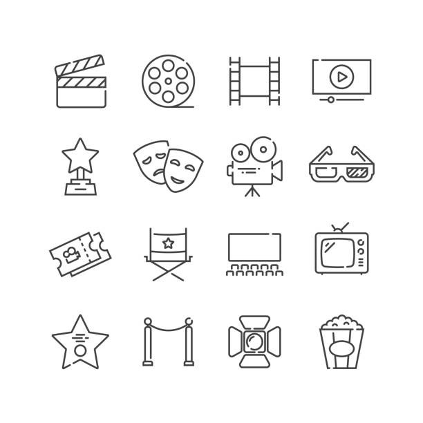 Set of cinema icons, line style. Set of cinema icons, line style. For your design, logo. Vector illustration. stage theater stock illustrations