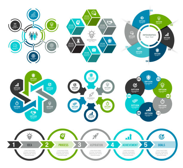 Set of Circle Infographic Elements Vector illustration of the infographic elements, circle diagram, number 6 and five steps timeline element. diagram stock illustrations