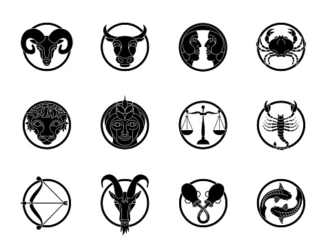 Set of circular zodiac signs in black and white