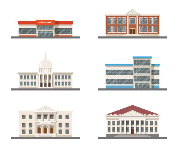 Set of city buildings set of city buildings: supermarket, hospital, university, city hall, museum and shopping mall government building stock illustrations