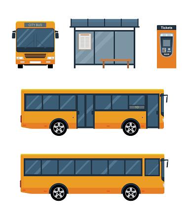 Set of city bus with front and side view, bus stop and ticket machine.