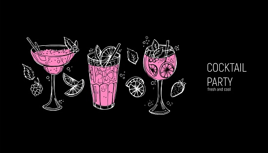 Set of classic alcoholic cocktails. Hand drawn vector illustration.