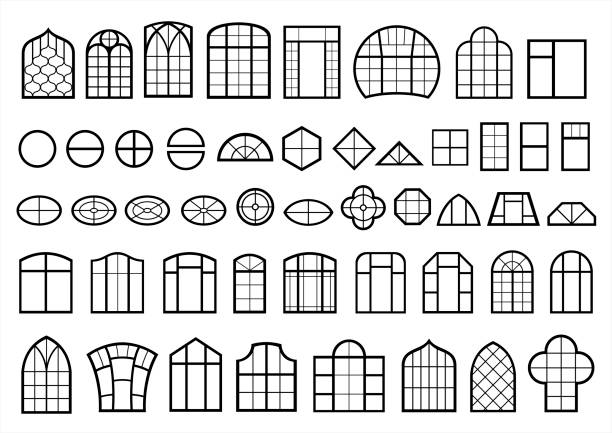 Set of classic and modern windows A set of classic and modern Windows. Icons signs symbols silhouettes. Vector graphics window stock illustrations