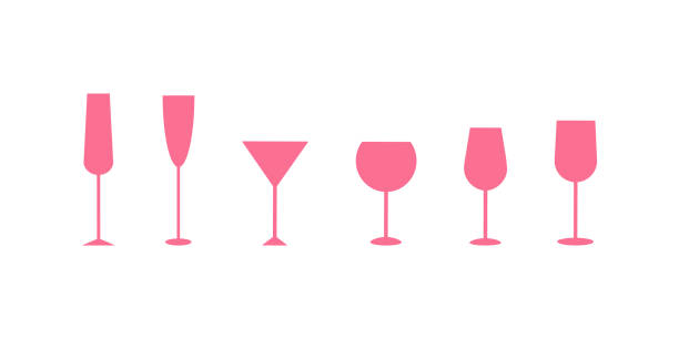 Set of classic glasses for alcohol. Flat glasses pink icon, isolated on white background. Pink silhouettes of glasses Set of classic glasses for alcohol. Flat icon pink vector simple illustration. Stock vector illustration isolated on a white background. Pink silhouettes of glasses for wine, champagne, martini. cocktail silhouettes stock illustrations