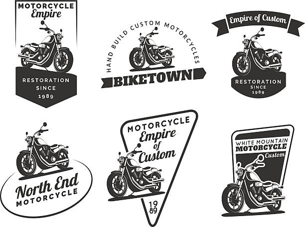 illustrations, cliparts, dessins animés et icônes de ensemble de symboles de moto classique, insignes et icônes. - moto