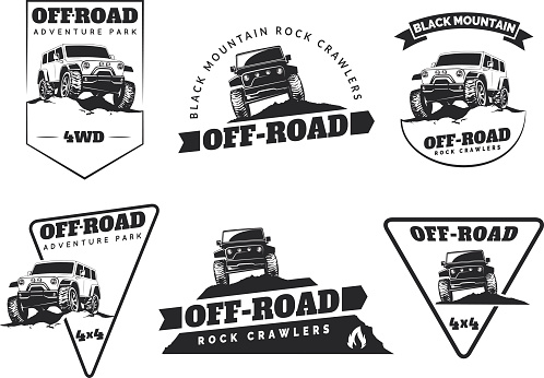 Set of classic off-road suv car emblems, badges and icons. Rock crawler car, off-road suv adventure and car club design elements. Isolated suv front and side view.