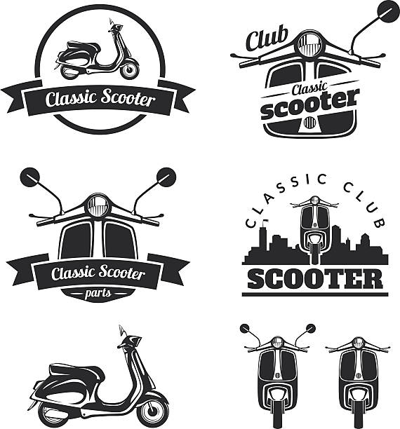 illustrations, cliparts, dessins animés et icônes de ensemble de scooter des symboles, icônes et des badges. - scooter