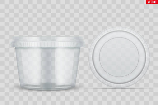 Set of Clear Plastic container for food Set of Clear Plastic container with lid for food. Circle Realistic Blank of Food delivery and foodstuff. Vector Illustration isolated on background. lid stock illustrations