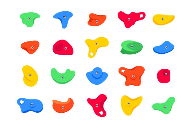 Set of climbing grips or holds in the gym bouldering training flat style design vector illustration set. Set of climbing grips or holds in the gym bouldering training flat style design vector illustration set. Holds for the rock climbing walls. Crimps, jugs, pinches, slopers elements icon signs. crag stock illustrations