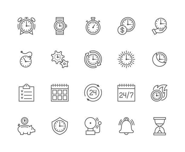 Set of clock and time management line icons. Calendar, schedule, checklist, hourglass and more. Set of clock and time management line icons. Calendar, schedule, checklist, stopwatch, timer, deadline, investment, alarm bell, hourglass and more. rescue stock illustrations