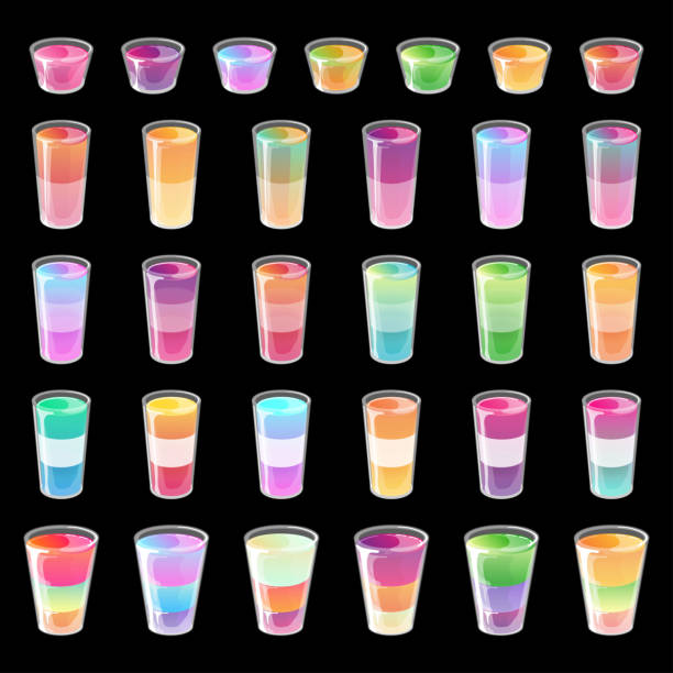 Set of cocktail jelly shots. Bright multicolored gradient jelly in glossy cartoon style. Vector illustration isolated on black background. Set of cocktail jelly shots. Bright multicolored gradient jelly in glossy cartoon style. Vector illustration isolated on black background. gelatin dessert stock illustrations
