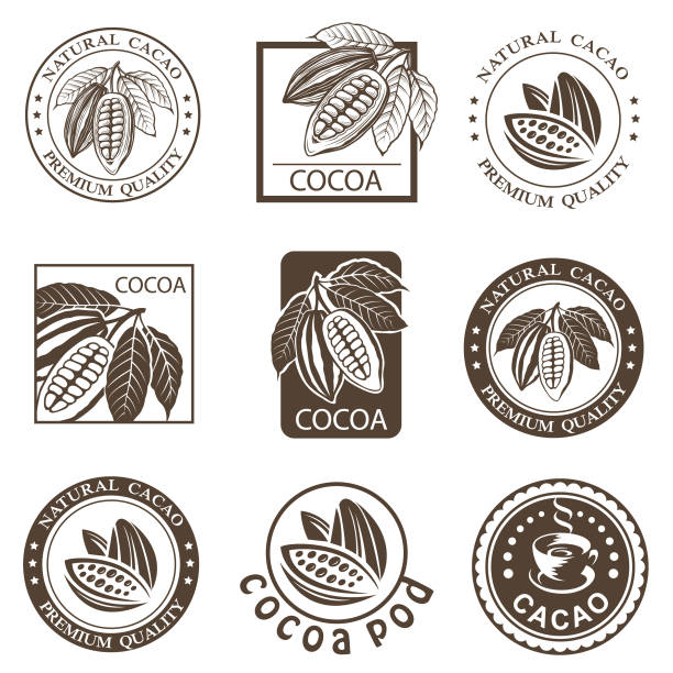 set of cocoa labels collection of labels with cocoa beans and leaves chocolate icons stock illustrations