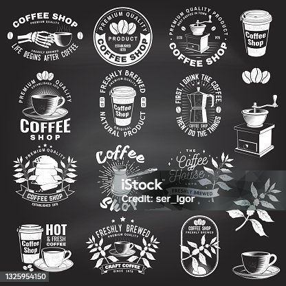 istock Set of Coffe shop logo, badge template on the chalkboard. Vector. Typography design with coffee grinder and coffee maker silhouette. Template for menu for restaurant, cafe, bar, packaging 1325954150